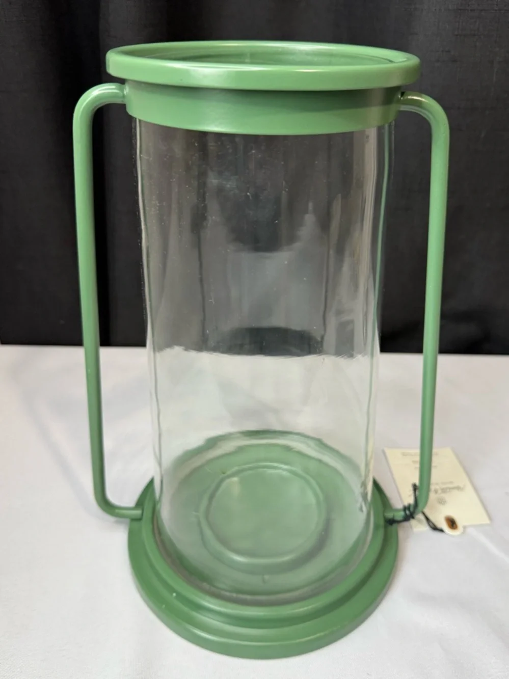 Hearth & Hand Pillar Glass & Green Metal Hurricane Candle Lantern -NWT